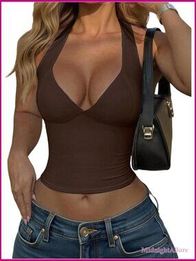 Halter Deep V Neck Crop Top Sleeveless Fitted Tank Top Open Back Y2K